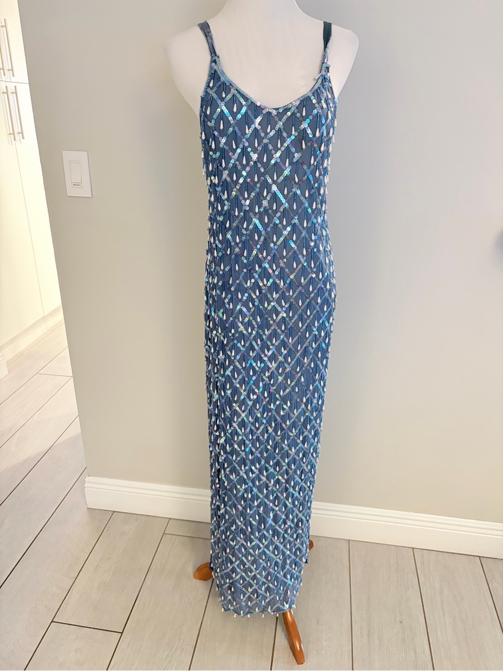 Metamorphosis Vintage 1990 Blue Sequin Slip Maxi Dress - Sleeveless Evening Gown